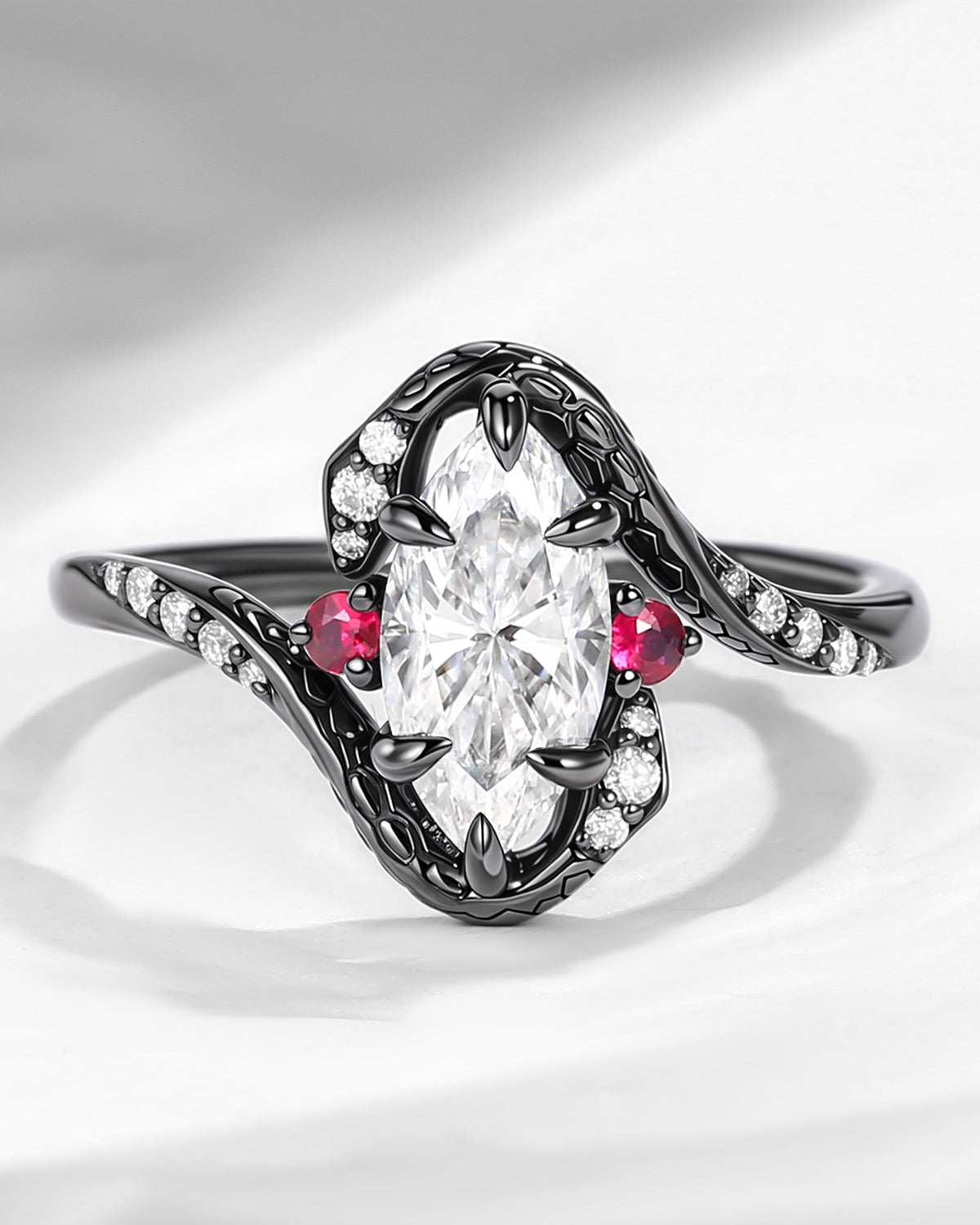 Unique Twist Marquise Cut Moissanite Black Gold Engagement Ring - Serpent's Embrace