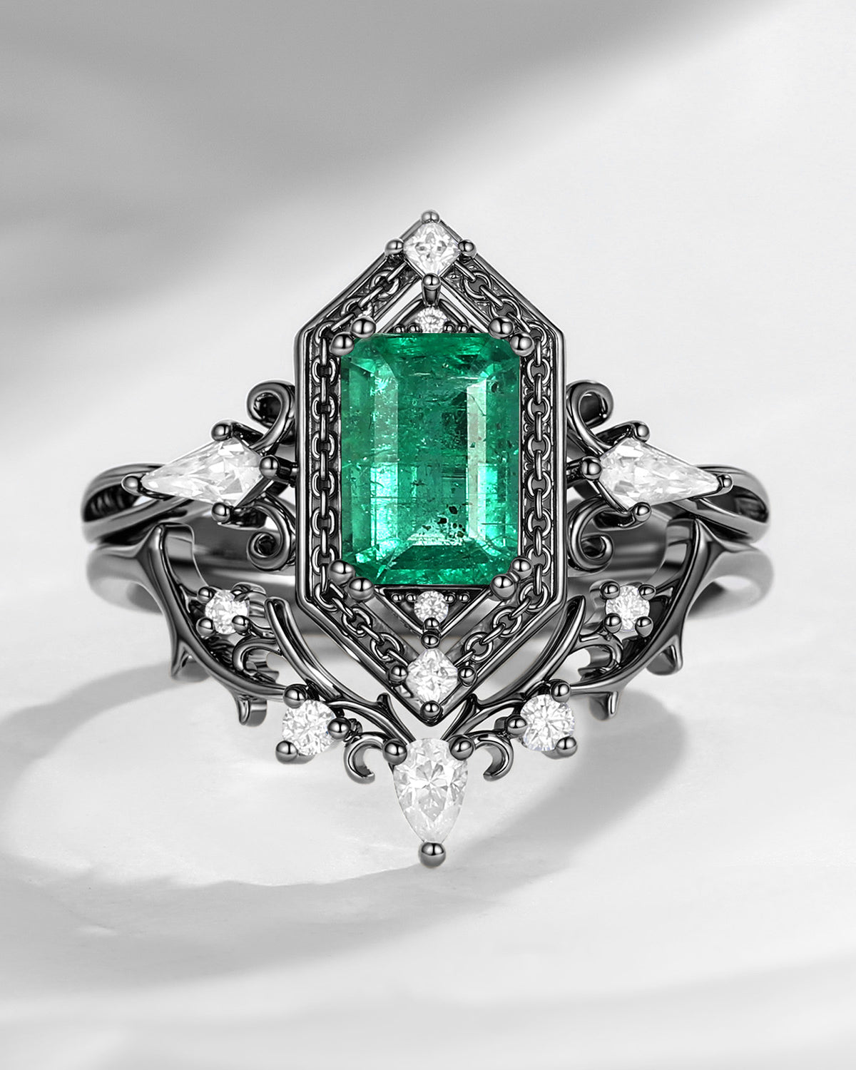Unique Emerald Cut Natural Emerald 'Fallen Aegis' Gothic Engagement Ring Bridal Set 2pcs