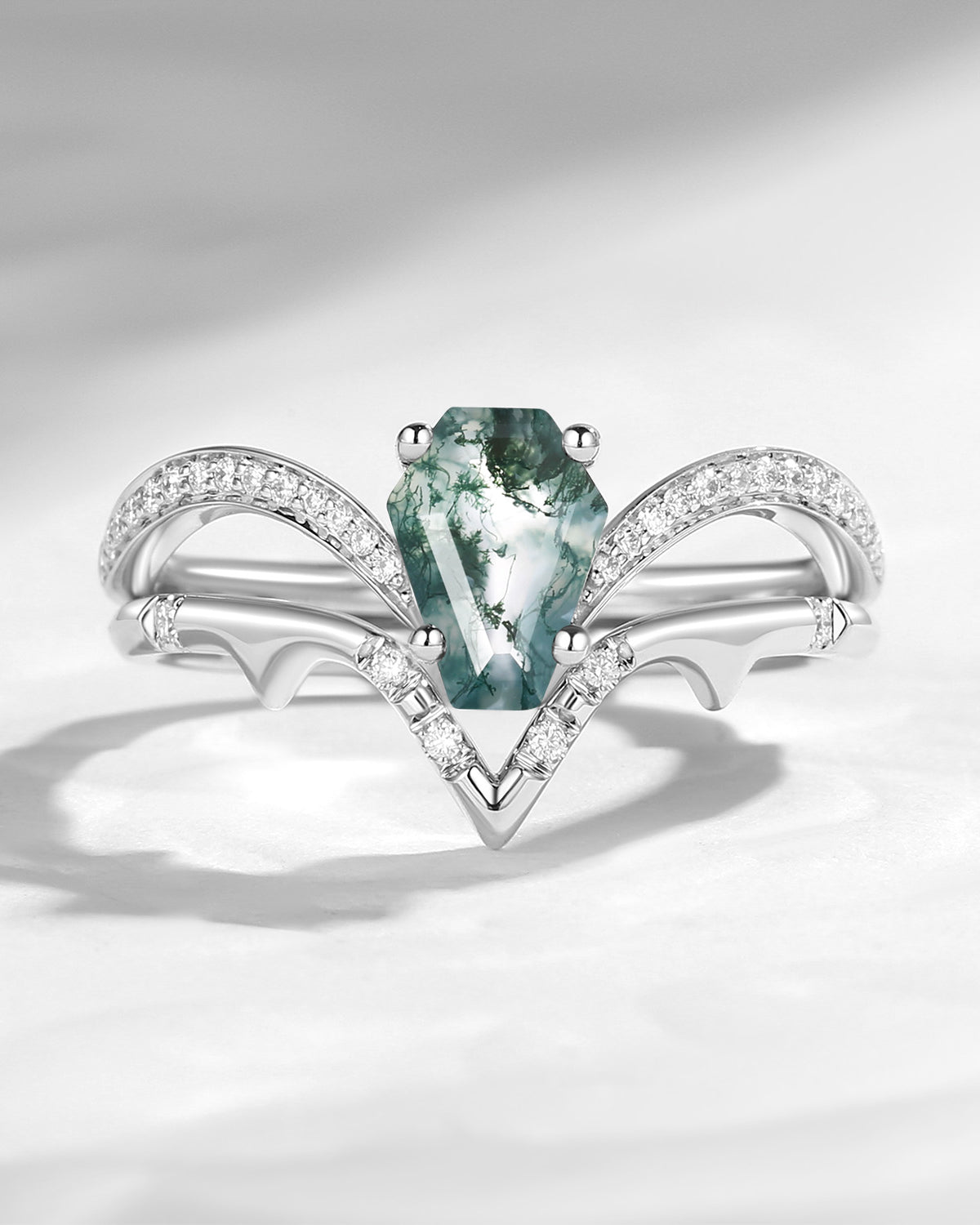 Coffin Cut Moss Agate Spooky Engagement Ring Set 2pcs - Dainty Bat Ring