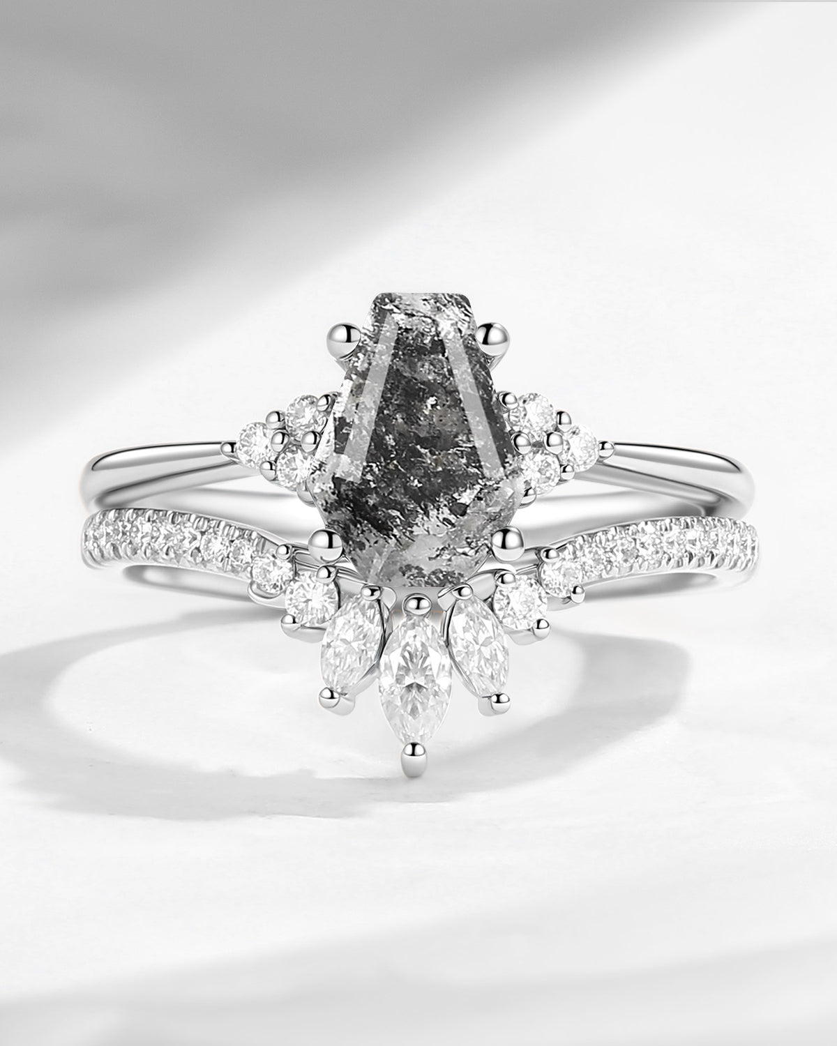 Unique Coffin Cut Herkimer Diamond Gothic Engagement Ring Bridal Set 2PCS - White Dress