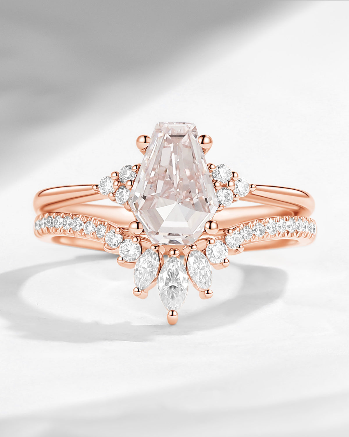1.0-2.0ct Classic Coffin Cut Pink Lab Diamond Engagement Set 2pcs - White Dress