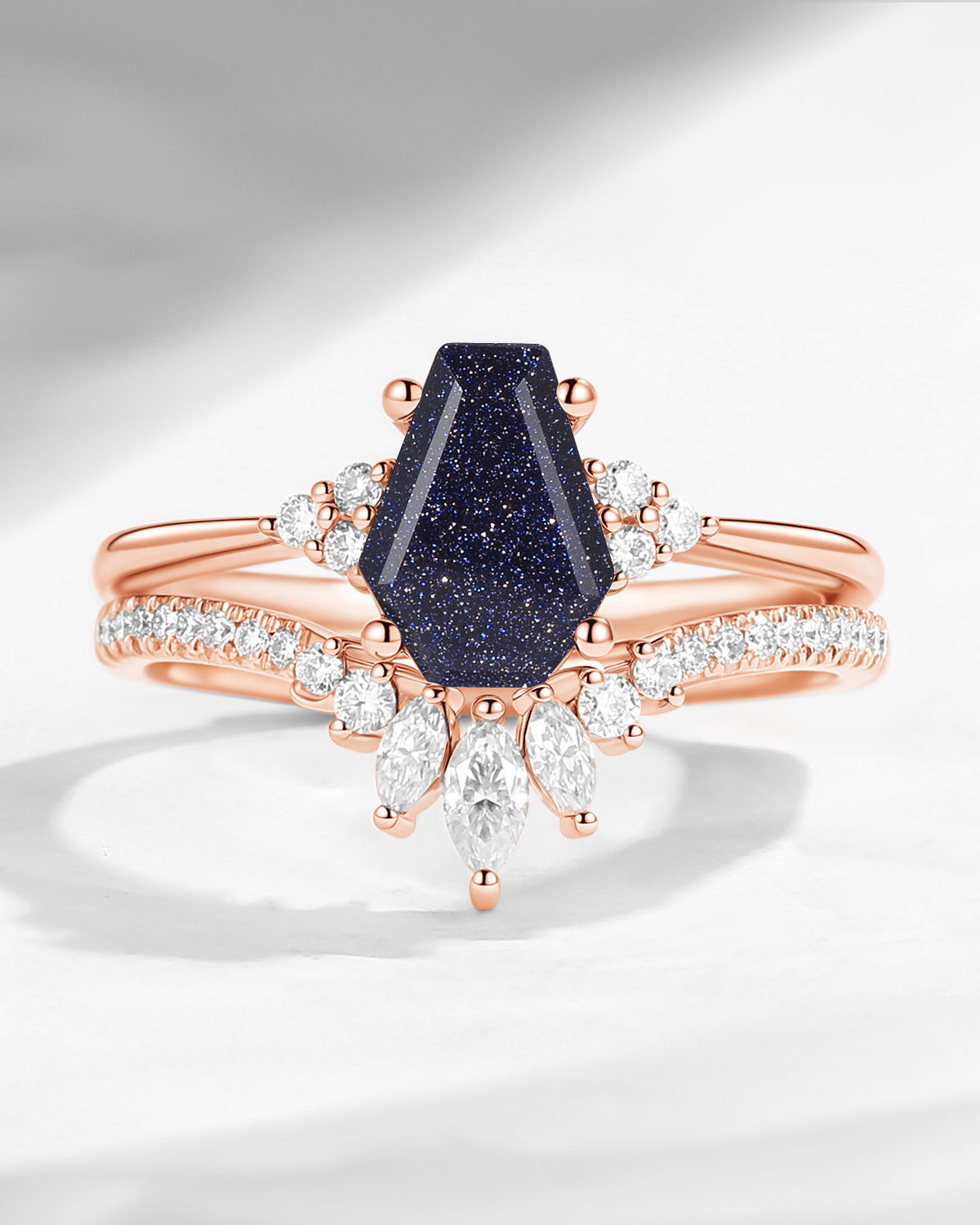 Coffin Cut Blue Sandstone Cluster Engagement Set 2pcs - White Dress