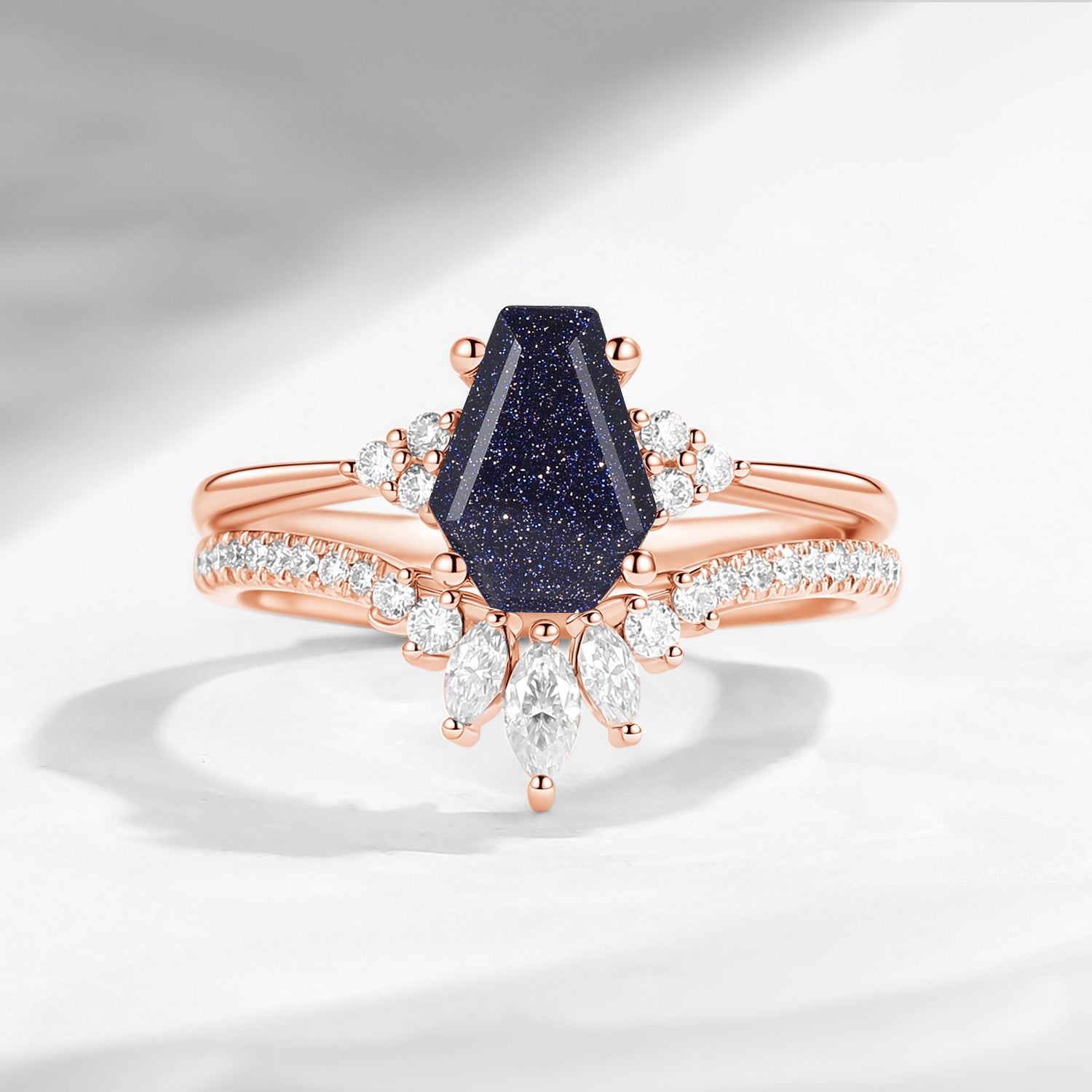 Coffin Cut Blue Sandstone Cluster Engagement Set 2pcs - White Dress