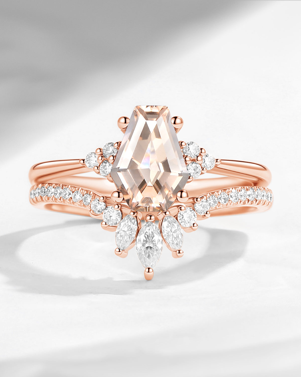 Coffin Cut Morganite Cluster Engagement Set 2pcs - White Dress