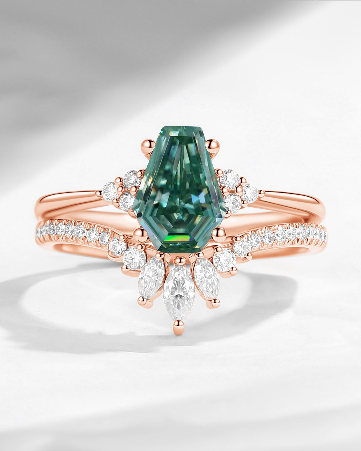 Coffin Cut Green Moissanite Cluster Engagement Set 2pcs - White Dress