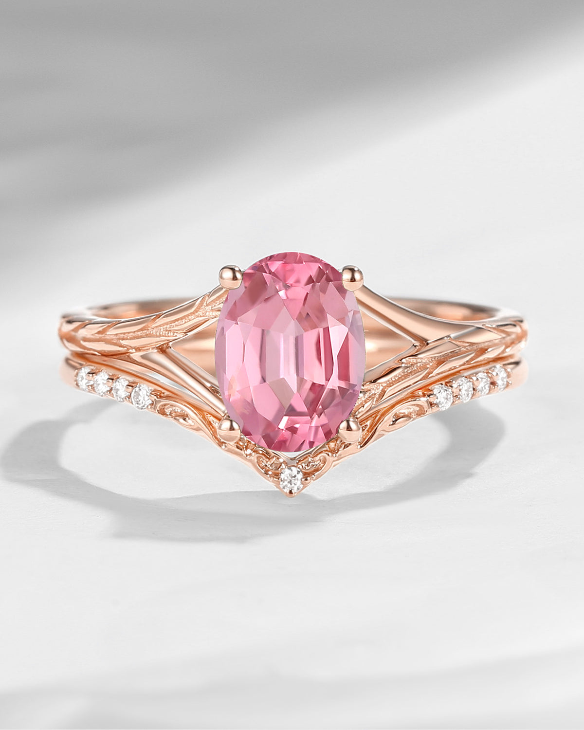 Nature Inspired Oval Cut Natural Pink Tourmaline Textured Engagement Ring Set 2pcs