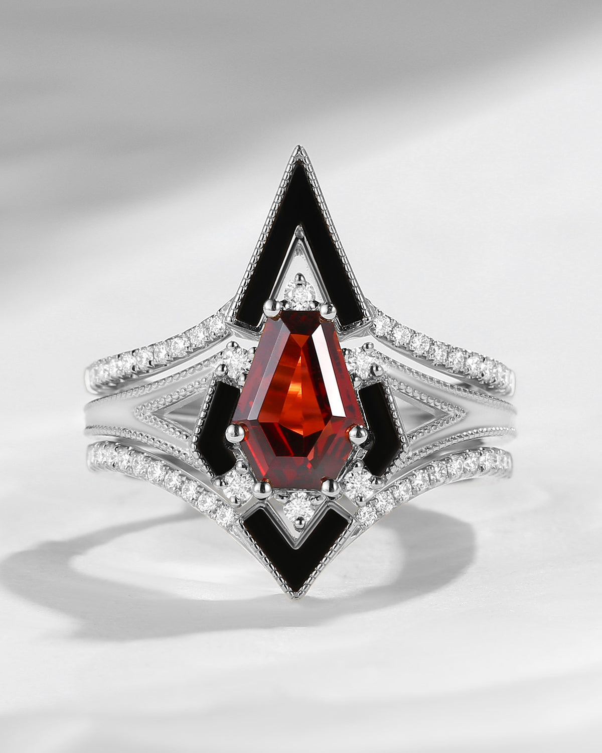 Unique Coffin Kite Cut Garnet Onyx Engagement Ring Set 3pcs