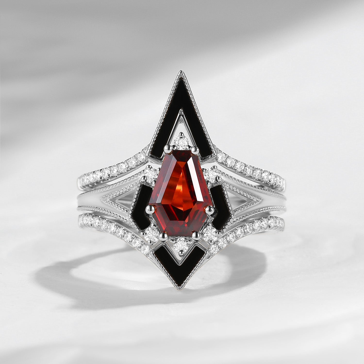 Unique Coffin Kite Cut Garnet Onyx Engagement Ring Set 3pcs