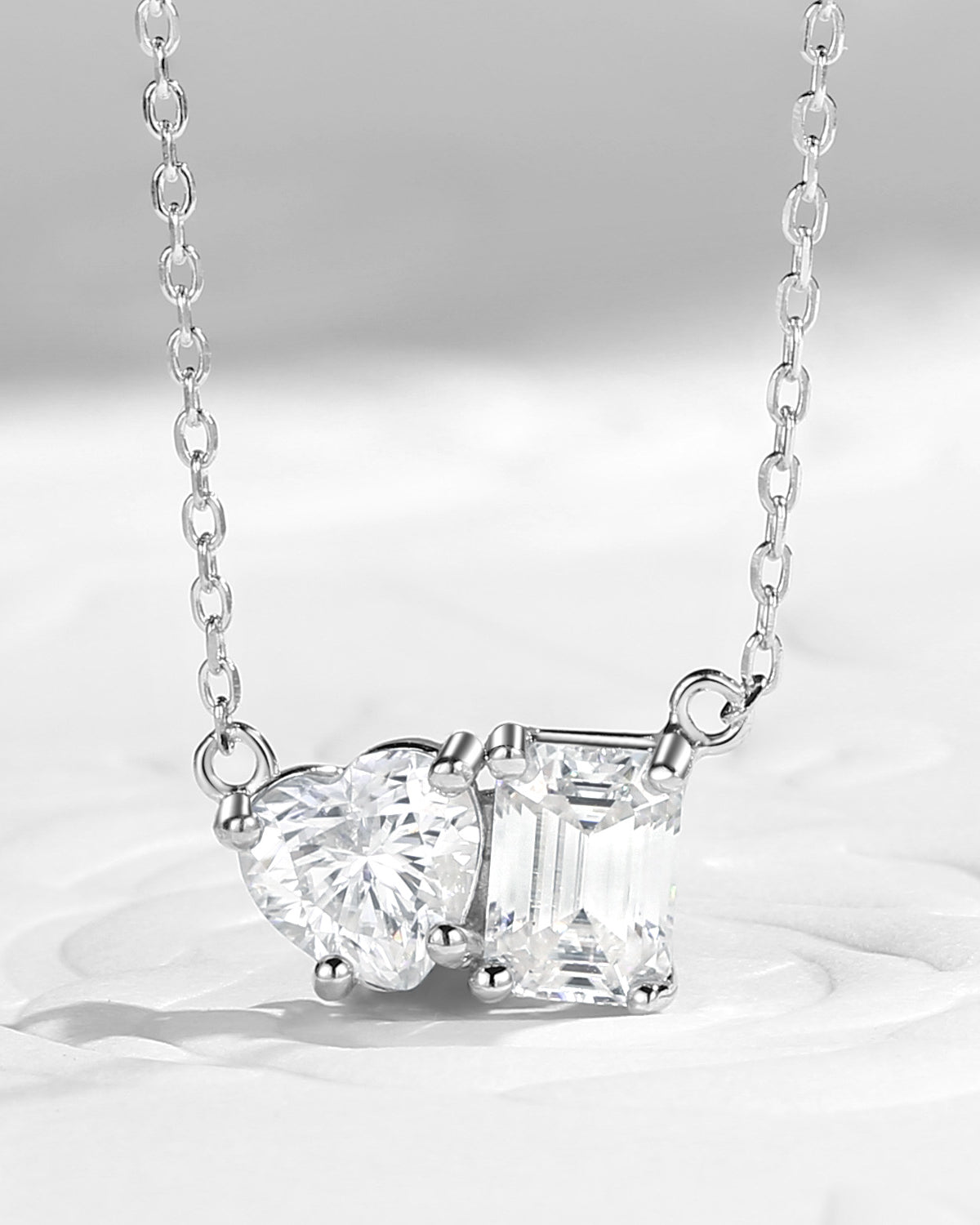 Moissanite Two Stone Emerald And Heart Cut Necklace - Toi Et Moi Necklace