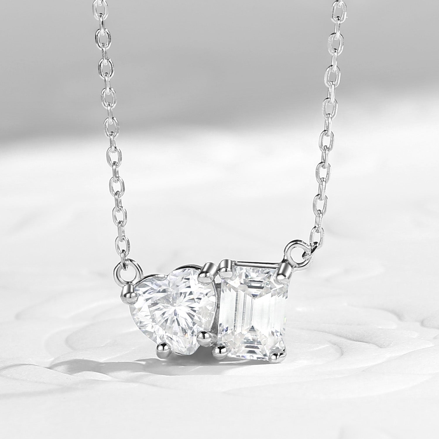 Moissanite Two Stone Emerald And Heart Cut Necklace - Toi Et Moi Necklace