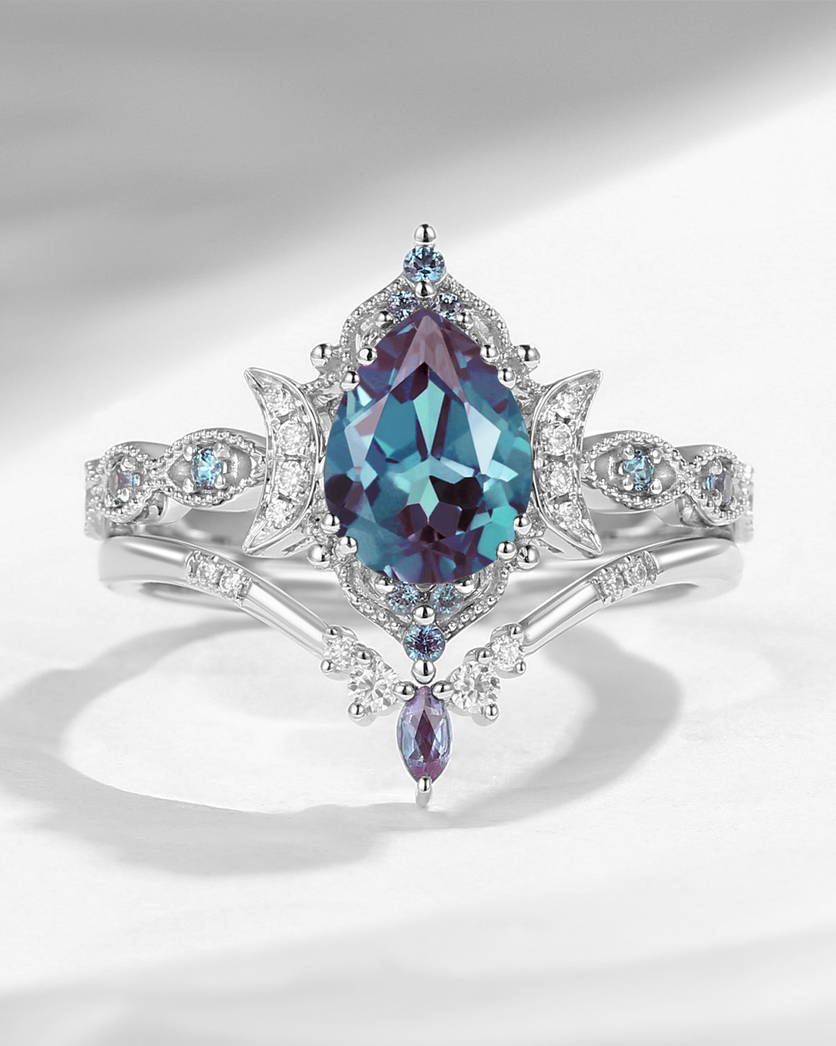Crescent Moon | Unique Lab Alexandrite Engagement Ring Set 2pcs - Luna