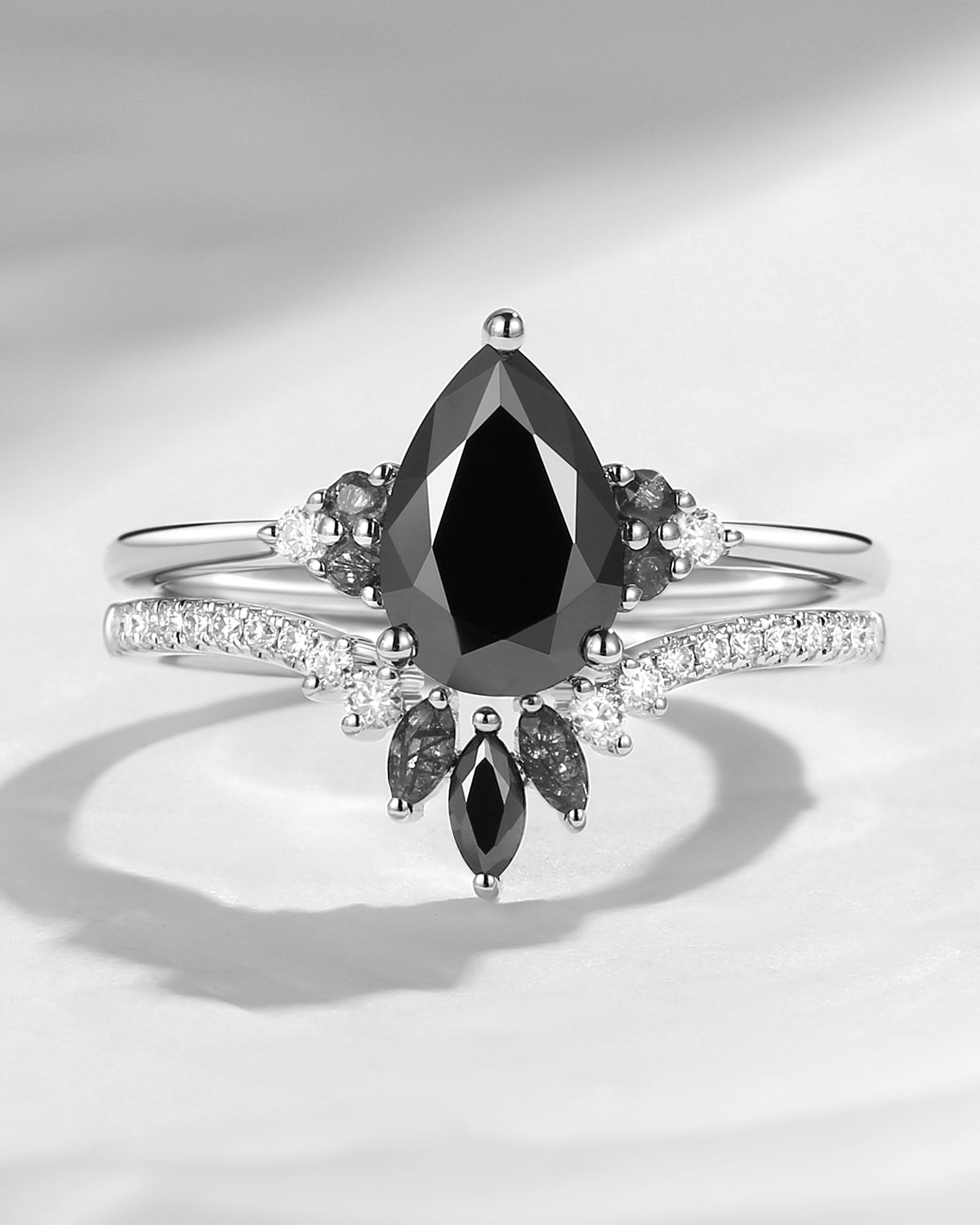 Unique Pear Cut Black Moissanite Cluster Engagement Ring Set 2pcs - Vivian