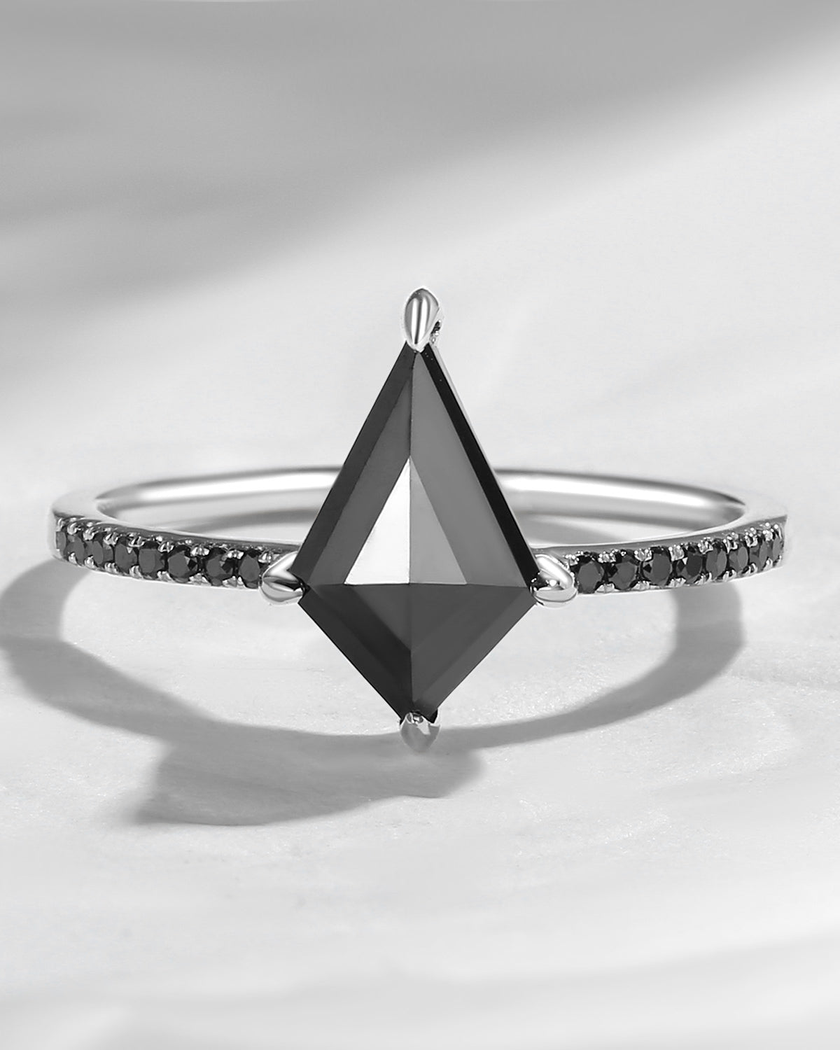 Unique Kite Shaped Black Diamond Hidden Halo Engagement Ring