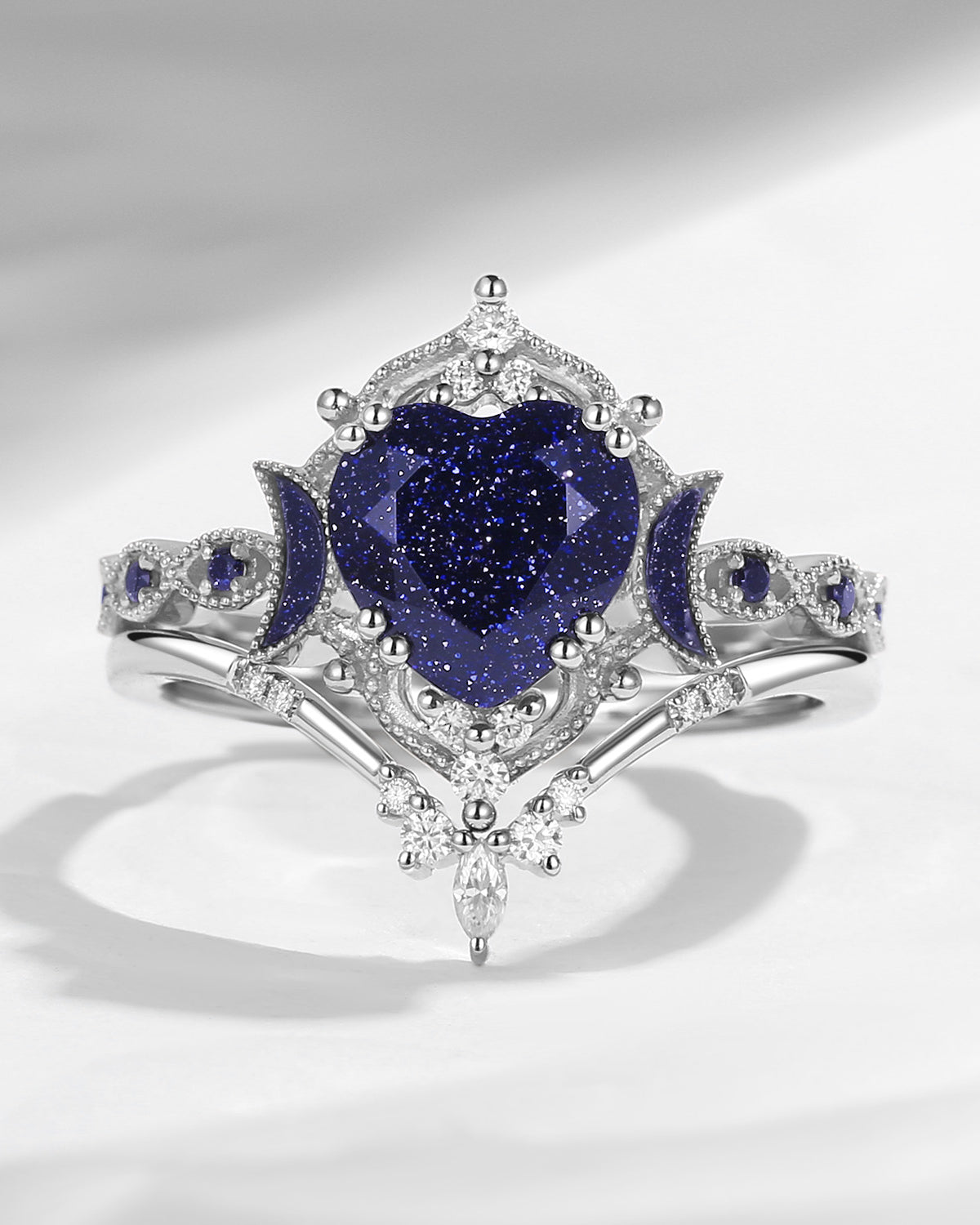Crescent Moon | Heart Shaped Blue Sandstone 'Ultra Galaxy' Engagement Ring Set 2pcs