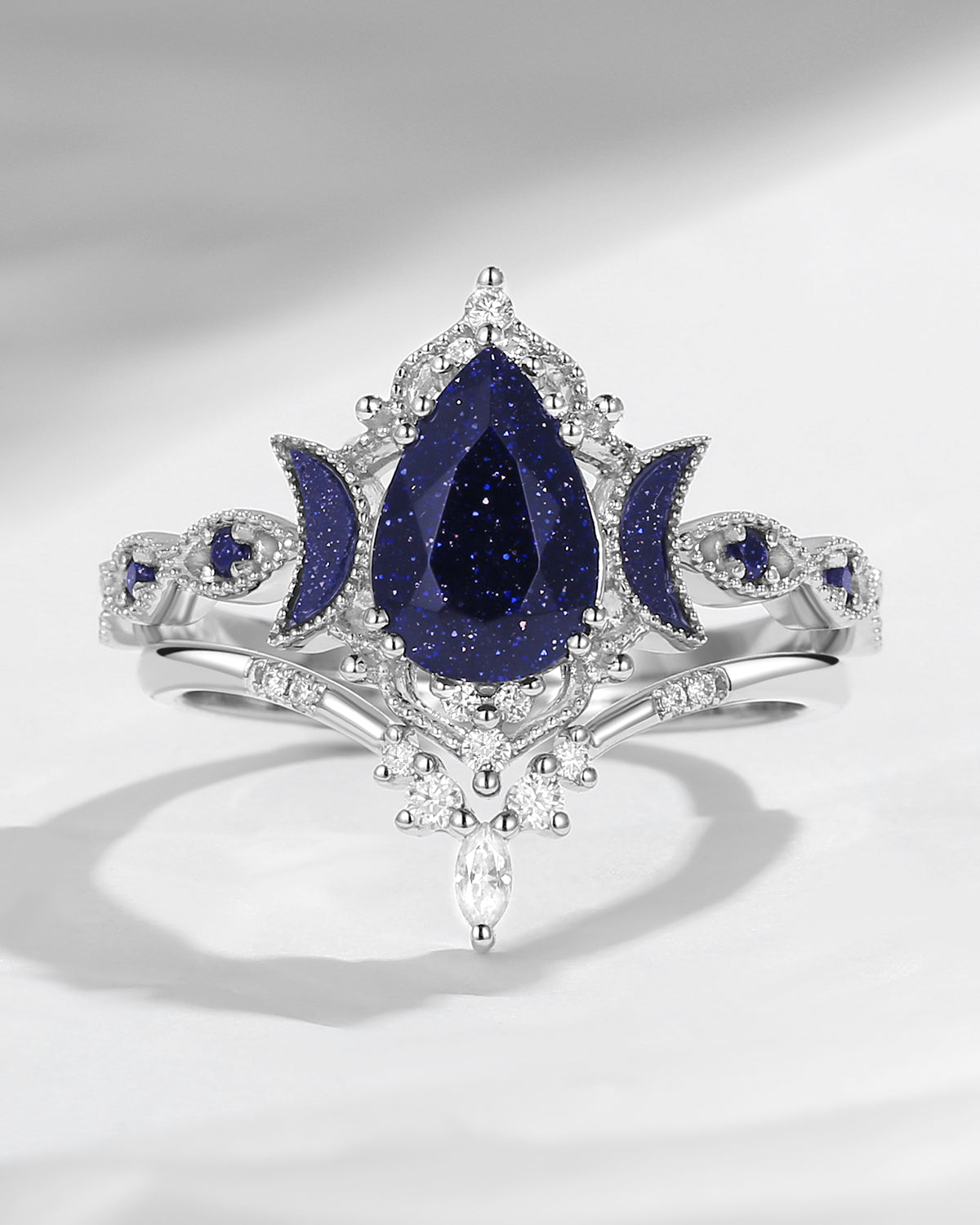 Crescent Moon | Pear Cut Blue Sandstone 'Ultra Galaxy'  Engagement Ring Set 2pcs