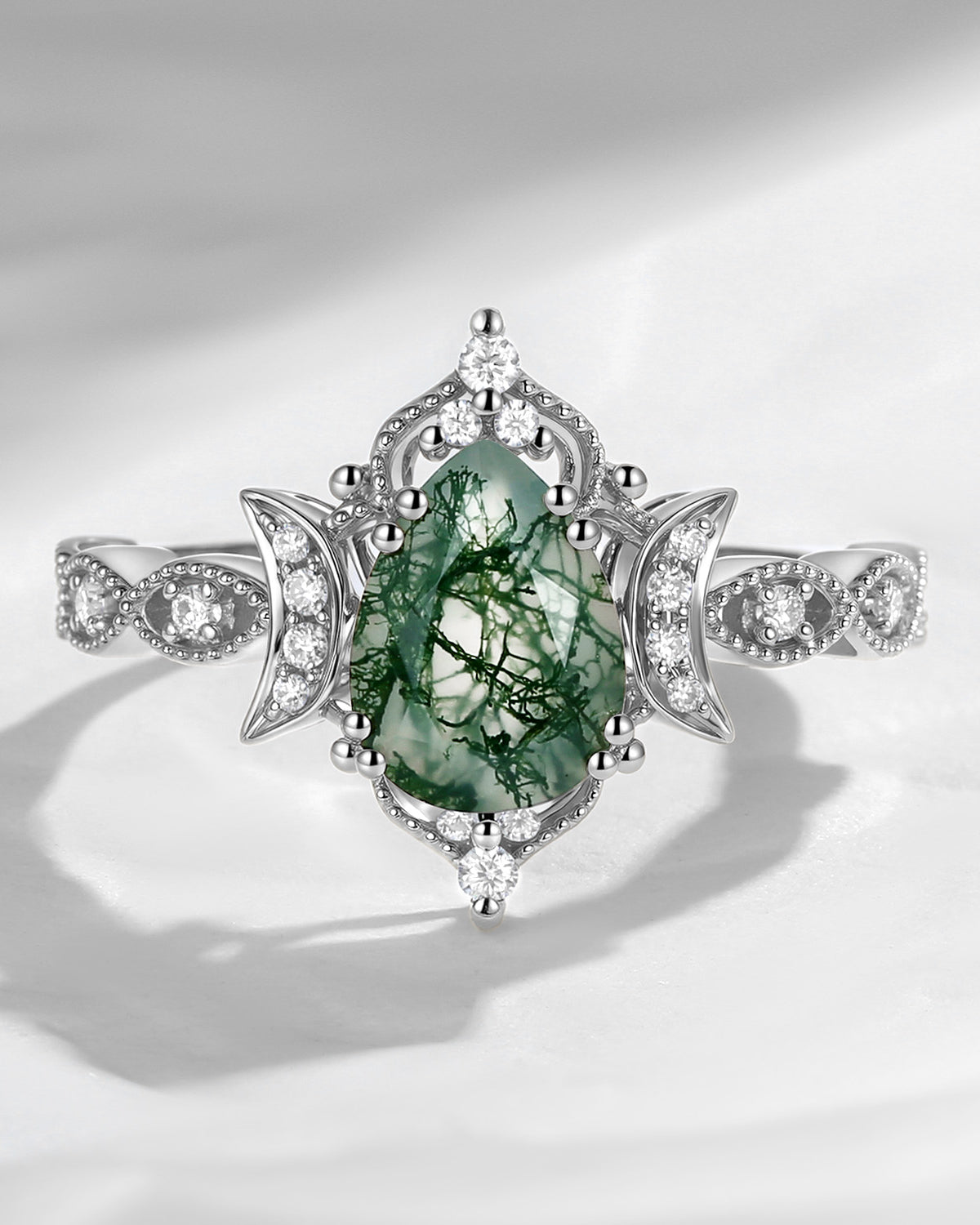 Crescent Moon | Unique Pear Shaped Moss Agate Engagement Ring