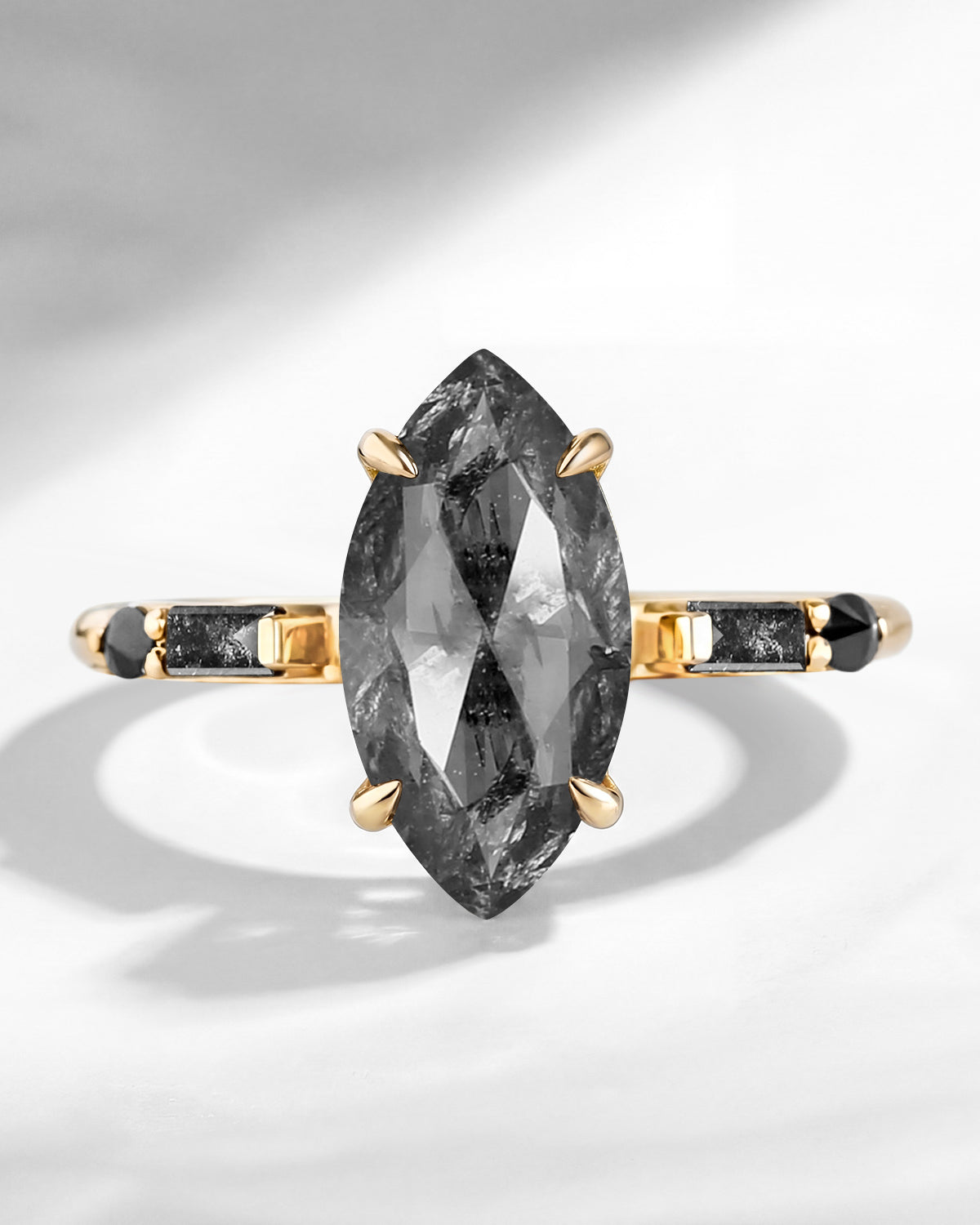 Vintage Inspired - Marquise Cut Natural Salt & Pepper Diamond Engagement Ring