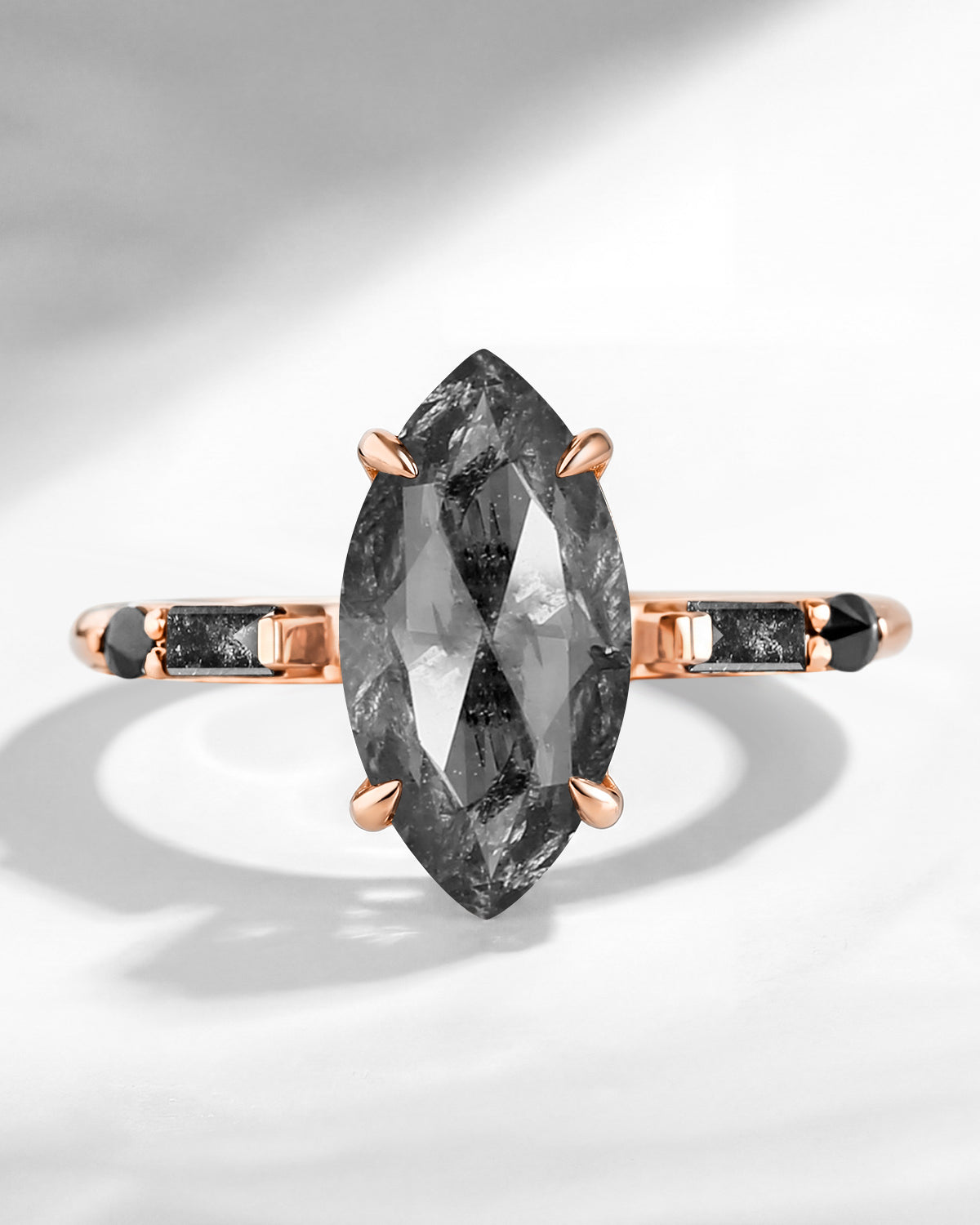 Classic Inspired - Marquise Cut Natural Salt & Pepper Diamond Engagement Ring