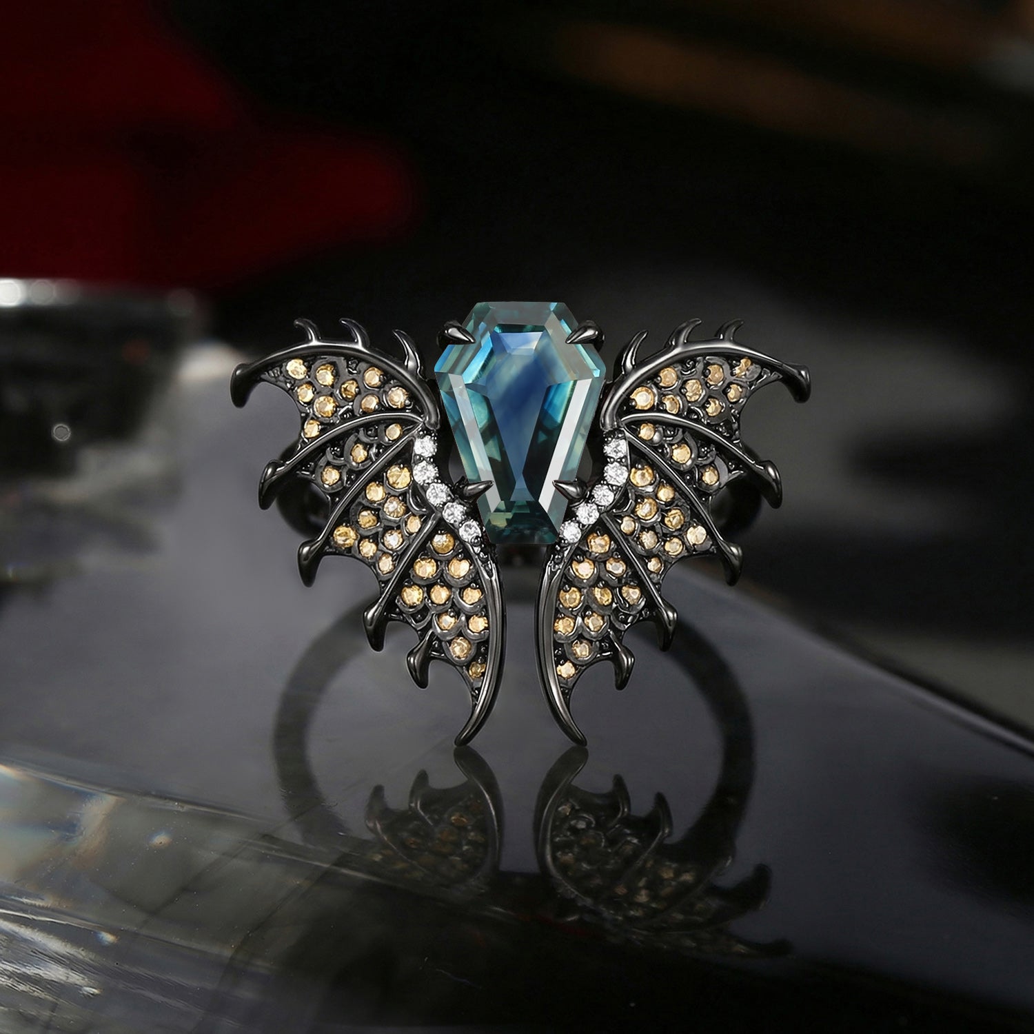 'Dragon' – Gothic One-of-a-Kind Coffin Cut Natural Teal Sapphire Engagement Ring in Black Gold