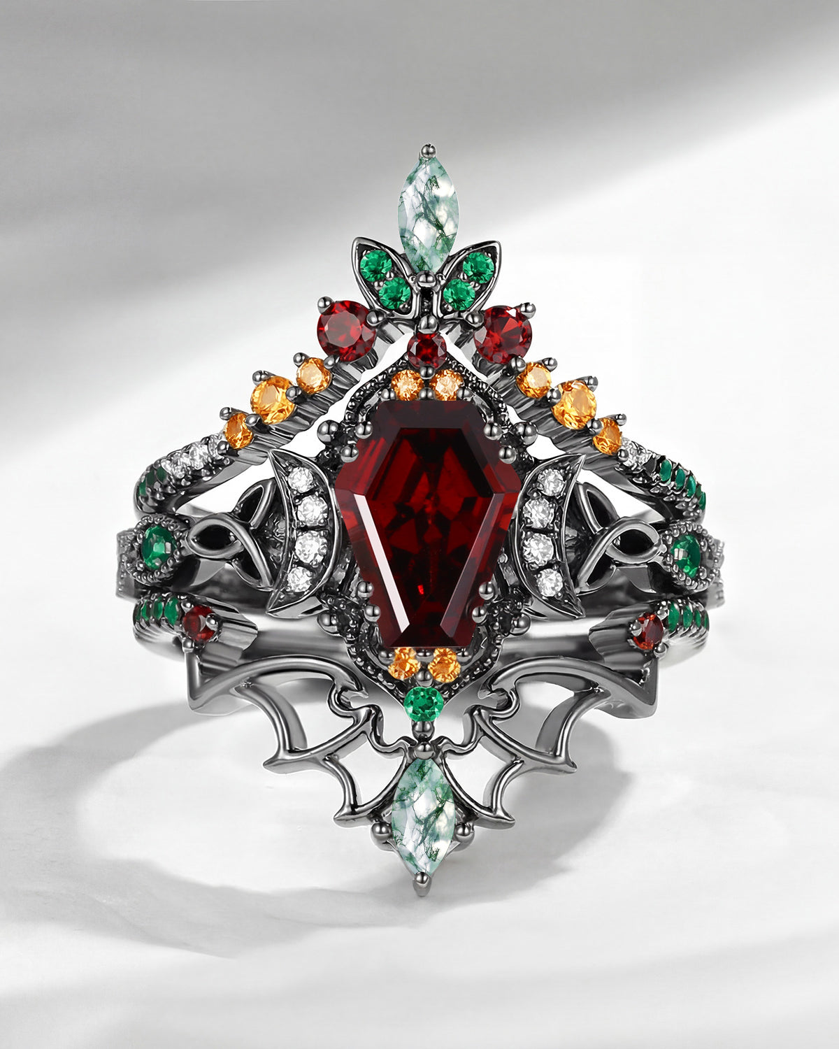 Crescent Moon | Coffin Cut Garnet Black Gold Celtic Knot Engagement Ring Set 3pcs