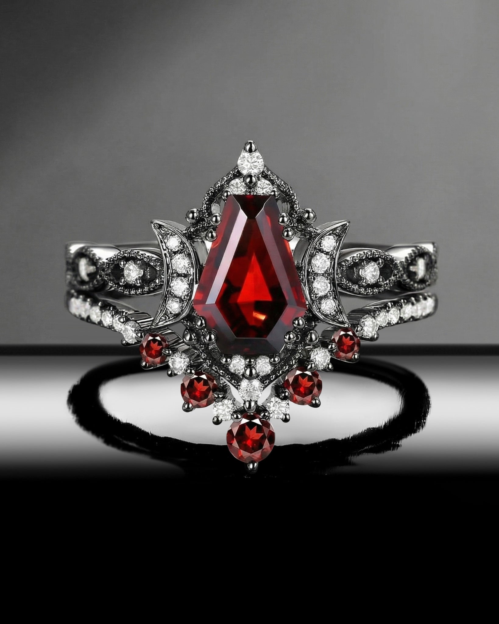 Crescent Moon | Coffin Cut Garnet 'Black Statement' Ring Set 2pcs