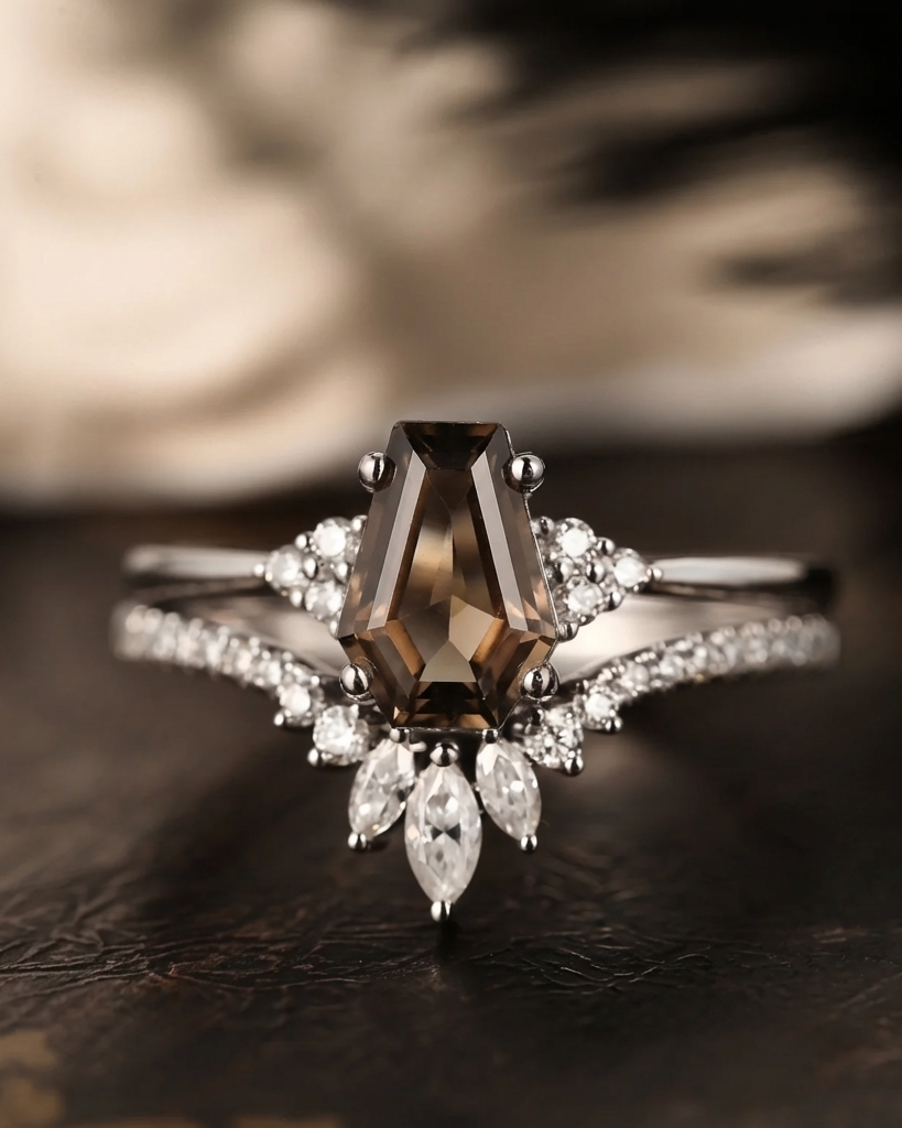 Coffin Cut Smokey Quartz Alternative Engagement Ring 2pcs - White Dress