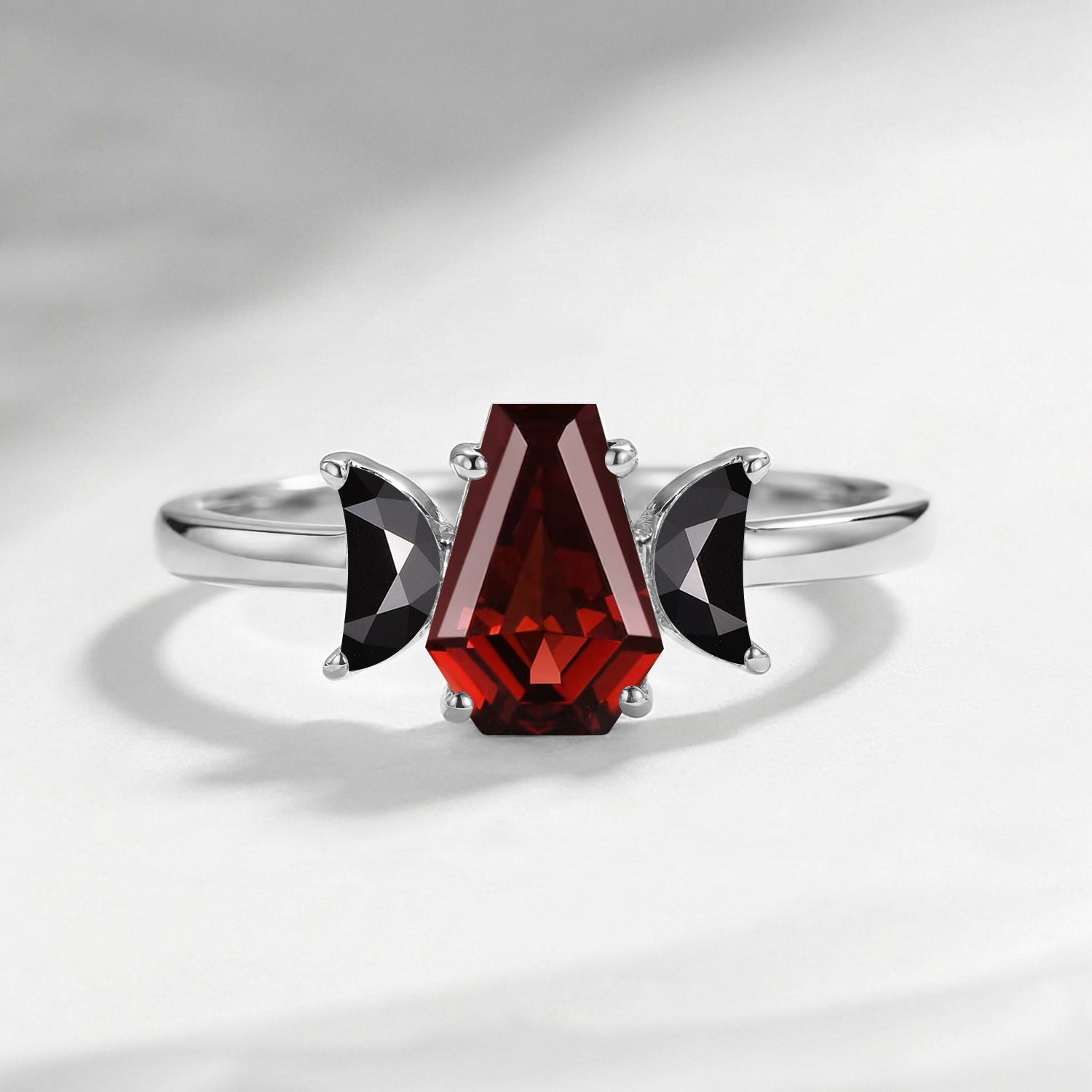 Crescent Moon - Classic Coffin Cut Garnet Three-Stone Engagement Ring with Half Moon Accents
