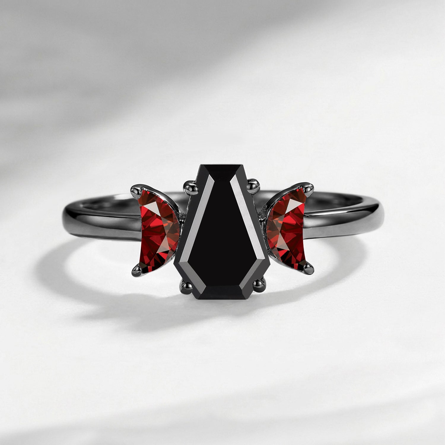 Crescent Moon - Classic Coffin Cut Black Moissanite Three-Stone Engagement Ring with Half Moon Accents