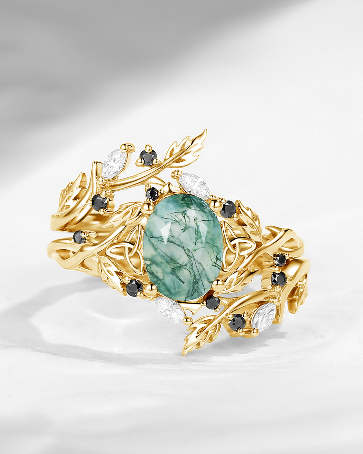 Nature Inspired Celtic Twist Oval Cut Moss Agate Hawthorn Leaf Engagement Ring Set 2pcs