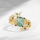 Nature Inspired Celtic Twist Oval Cut Moss Agate Hawthorn Leaf Engagement Ring Set 2pcs