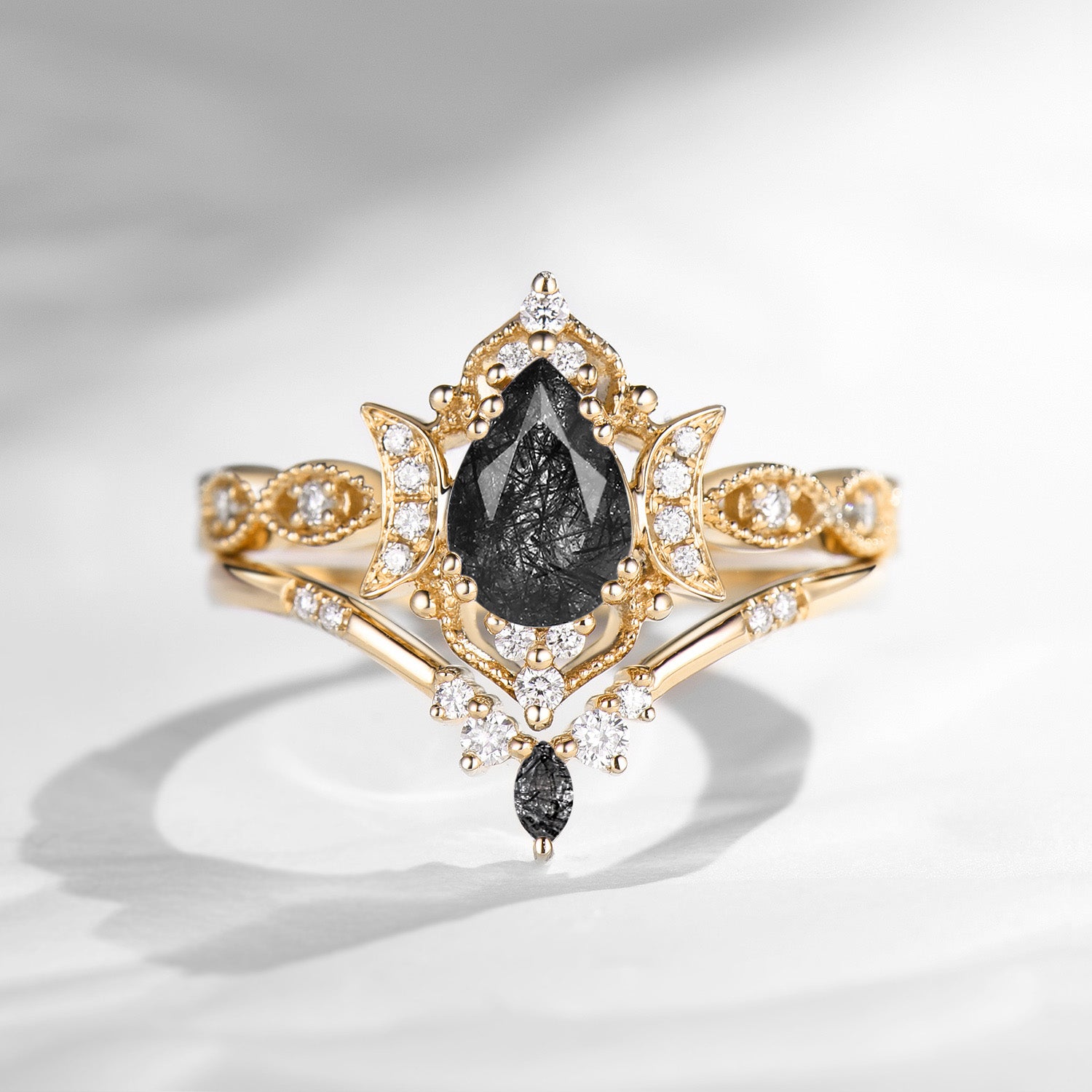 Crescent Moon | Vintage Pear Cut Black Rutilated Quartz Engagement Ring 2pcs - Luna