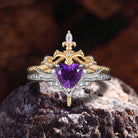 Heart & Sword - Gothic Heart Cut Purple Amethyst Two-Tone Engagement Ring Set with Wing-Inspired Band