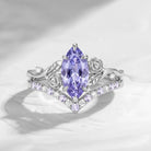 'A Rose Is A Rose Is A Rose' - Nature Inspired Marquise Lab Lavender Sapphire Romantic Rose Flower Engagement Ring Set with Curved Band