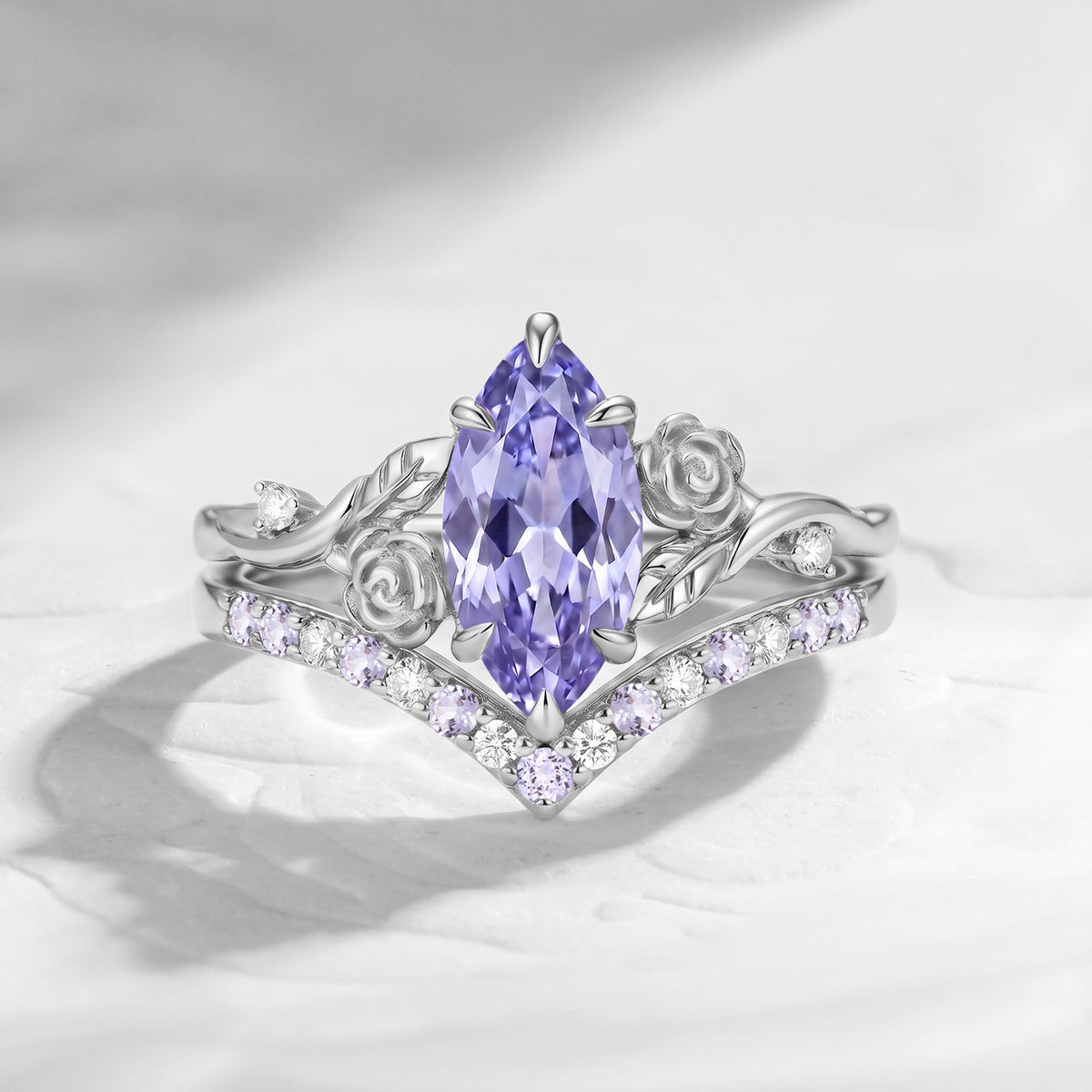 'A Rose Is A Rose Is A Rose' - Nature Inspired Marquise Lab Lavender Sapphire Romantic Rose Flower Engagement Ring Set with Curved Band