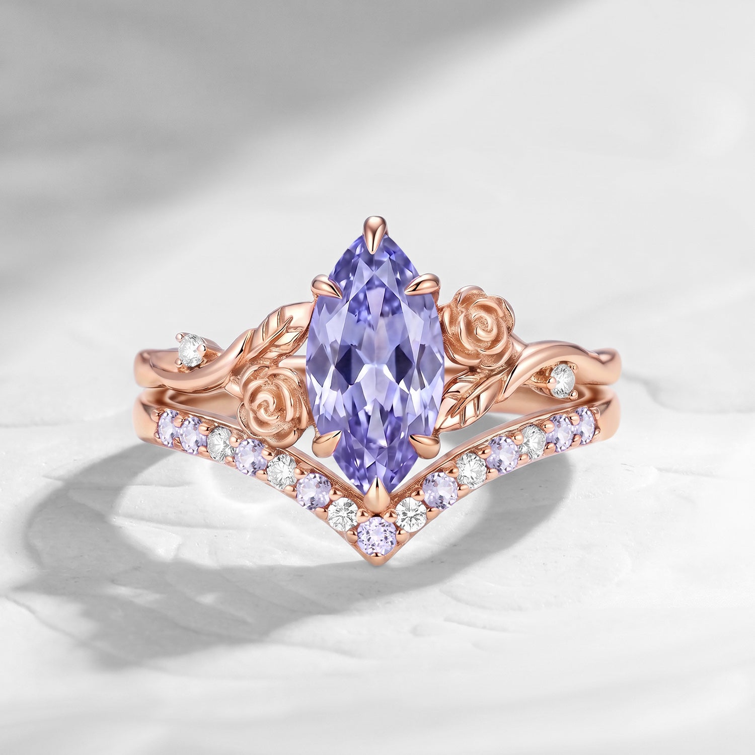 'A Rose Is A Rose Is A Rose' - Nature Inspired Marquise Lab Lavender Sapphire Romantic Rose Flower Engagement Ring Set with Curved Band
