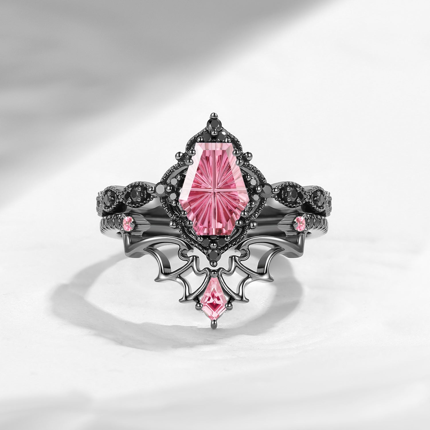 'Dark Romance' – Gothic Fantasy Carved Coffin Natural Pink Tourmaline Engagement Ring Set