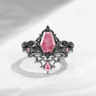 'Dark Romance' – Gothic Fantasy Carved Coffin Natural Pink Tourmaline Engagement Ring Set