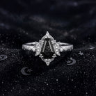 'Till Death Do Us Part' – Star Engraved Coffin Black Rutilated Quartz Crescent Moon Engagement Ring with Textured Band