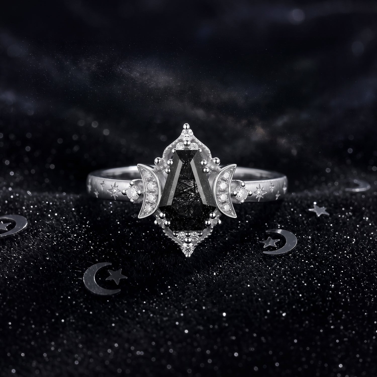 'Till Death Do Us Part' – Star Engraved Coffin Black Rutilated Quartz Crescent Moon Engagement Ring with Textured Band