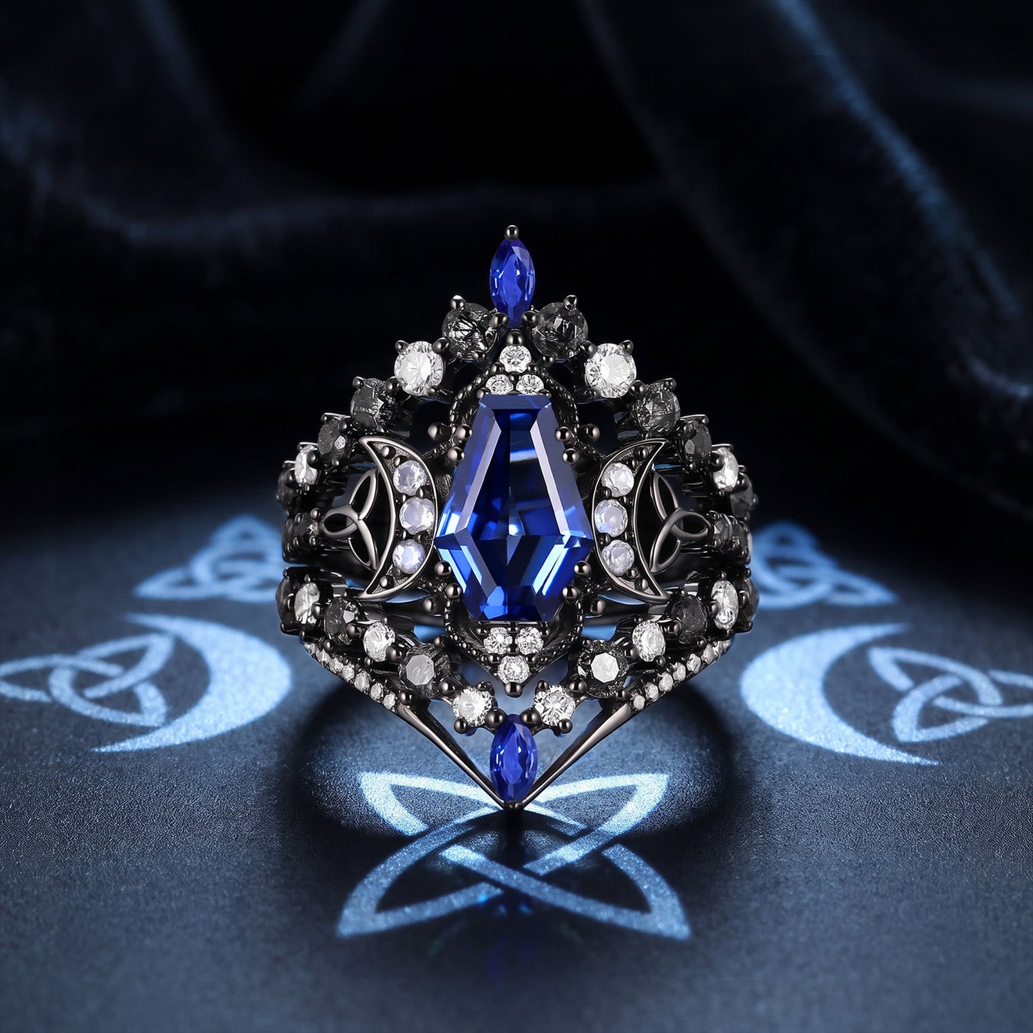 Celtic Moon - Gothic Coffin Cut Blue Lab Sapphire Infinity Moon Engagement Ring Set