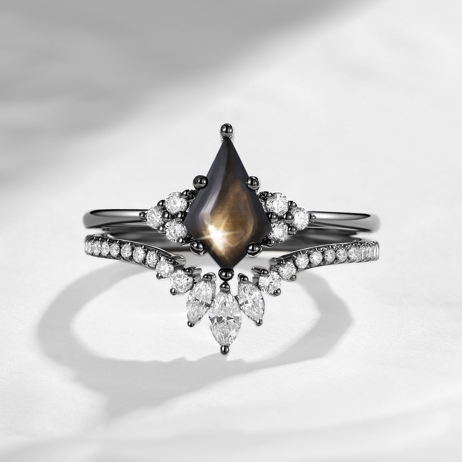 Kite Cut Natural Black Star Sapphire Engagement Ring Set 2pcs - Electra