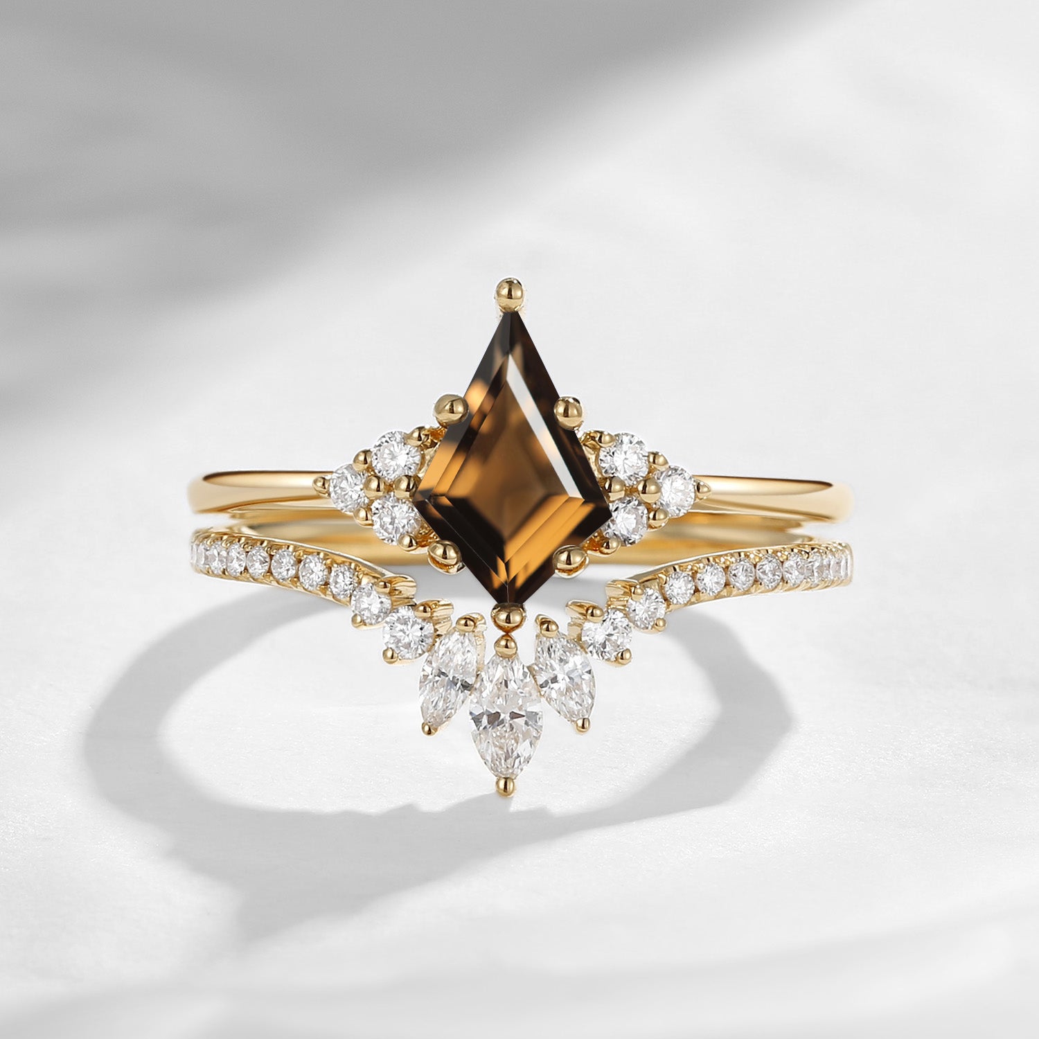 Classic Style Kite Cut Smokey Quartz Cluster Engagement Ring Set 2pcs - Electra