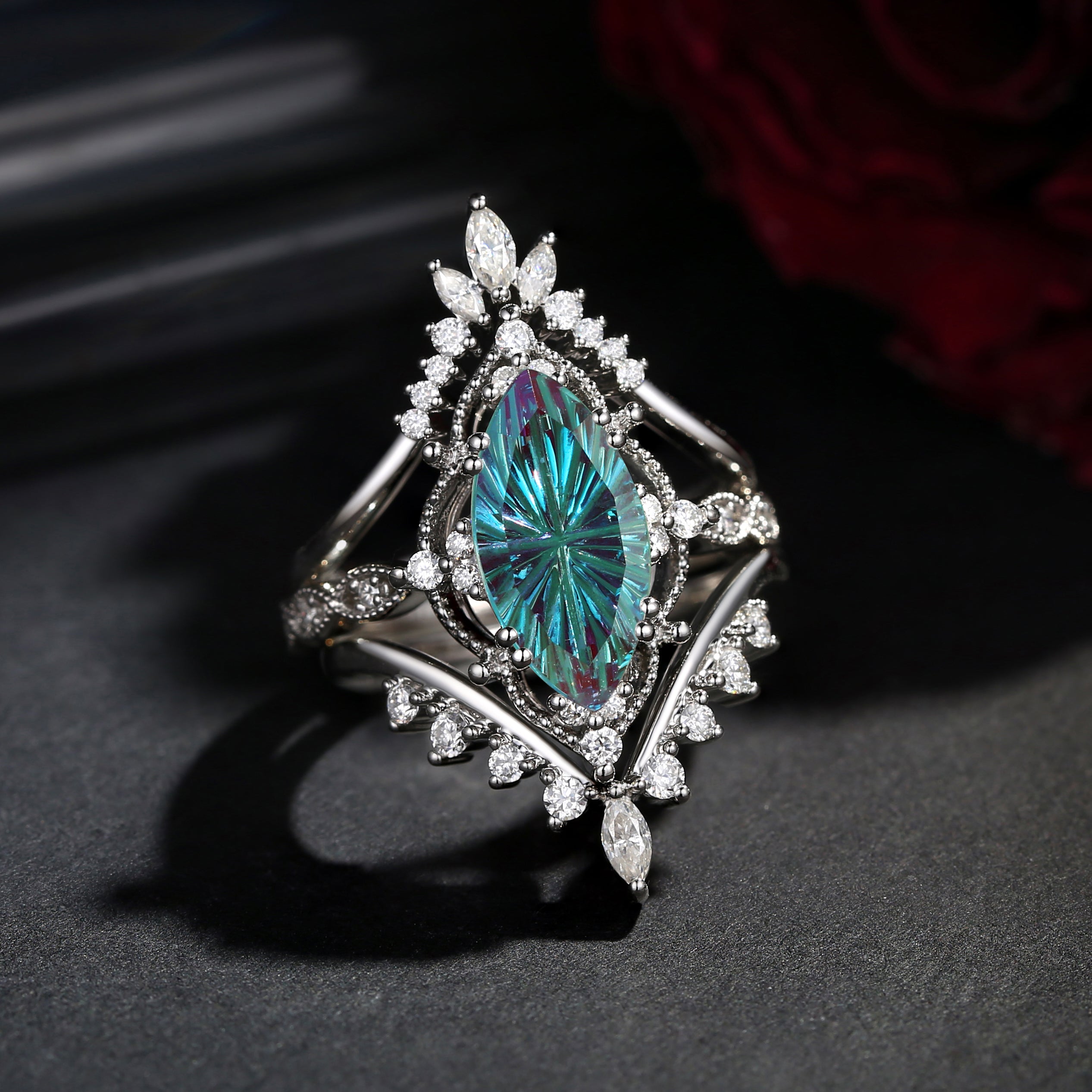 Fantasy Cut Elegant Vintage Style Marquise Alexandrite Bridal Set 3pcs