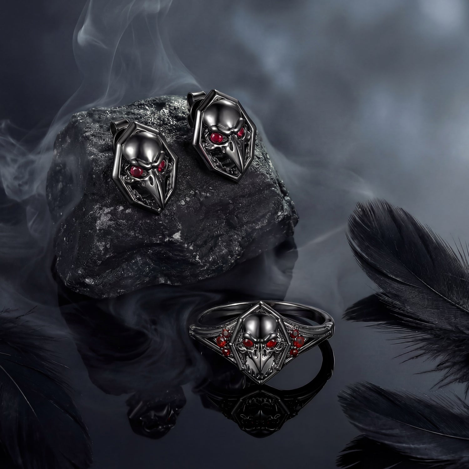 Gothic Dark Crow Inspired Garnet Black Gold Engagement Ring & Earrings Jewelry Box