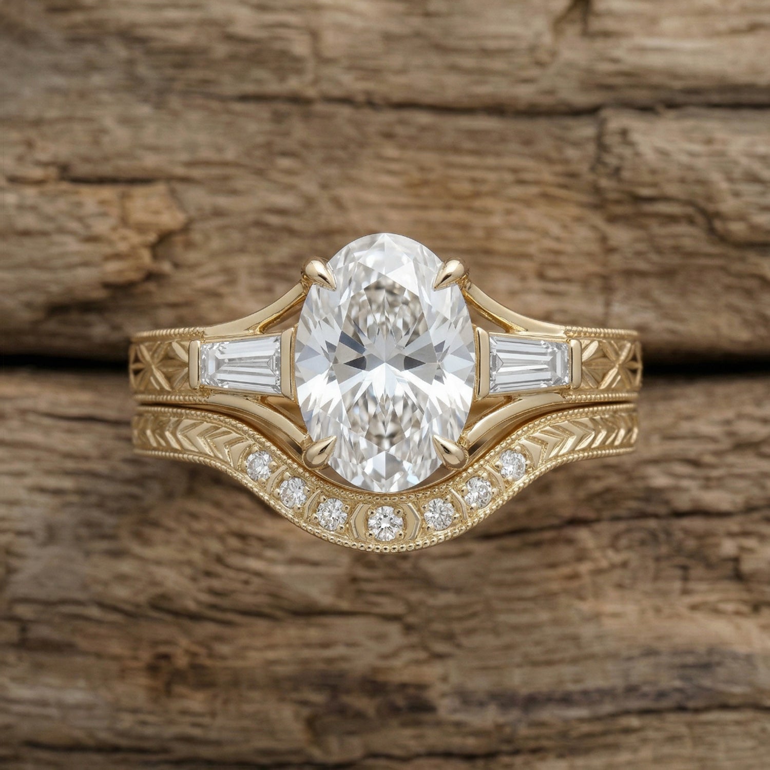 Vintage Art Deco Style Oval Moissanite & Lab Diamond Split Shank Engagement Ring Set 2pcs