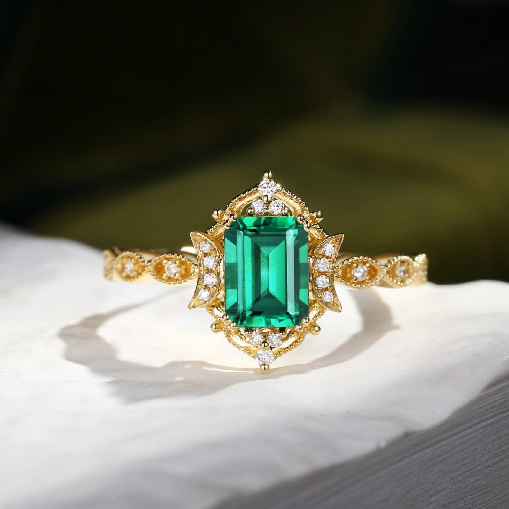 Crescent Moon | Art Deco Emerald Cut Lab Emerald Engagement Ring