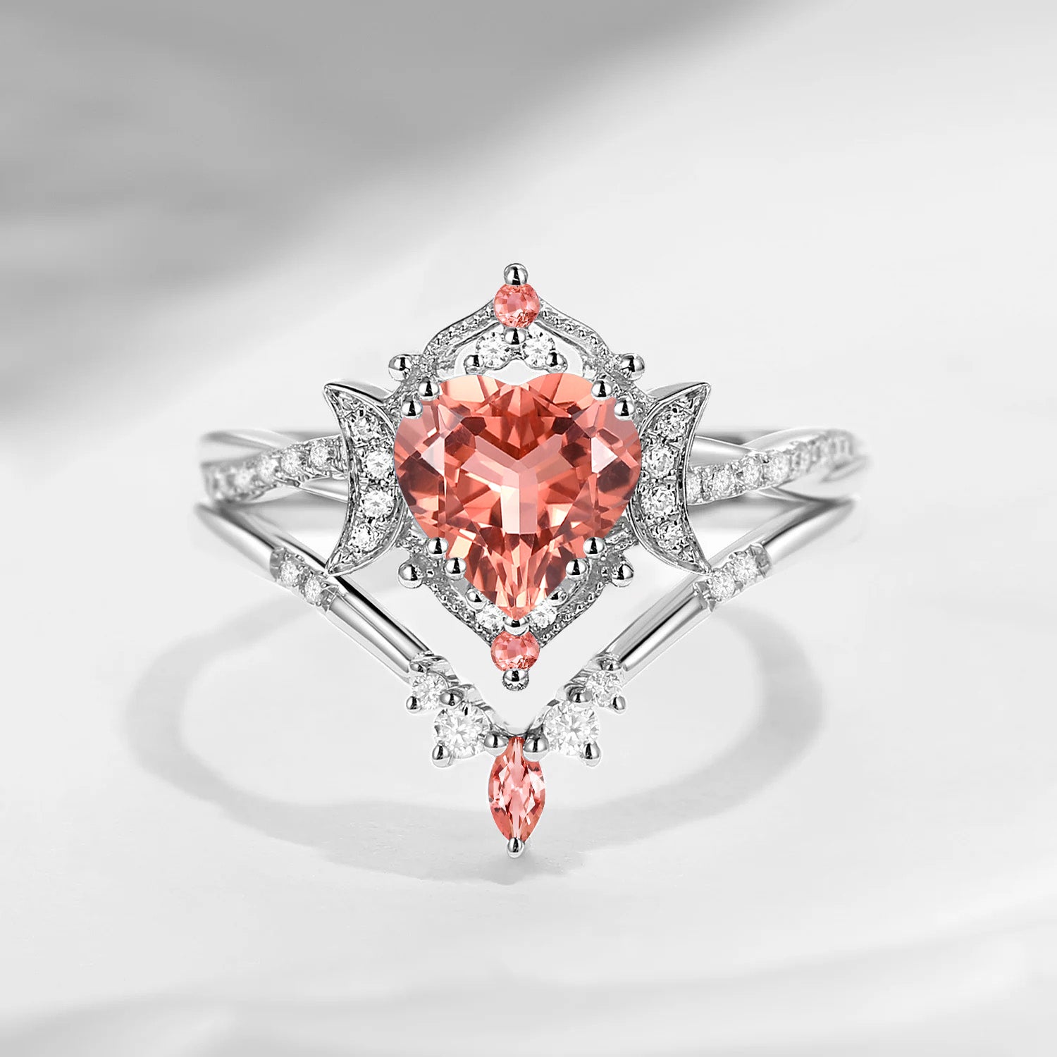Crescent Moon | Heart Shaped Natural Orange Pink Tourmaline Engagement Ring Set 2pcs - Alexandria