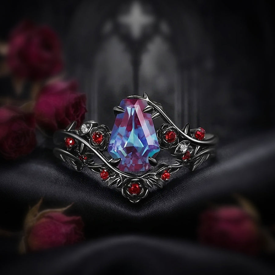 Coffin cut lab alexandrite gothic ring with thorns roses and twisted vine band