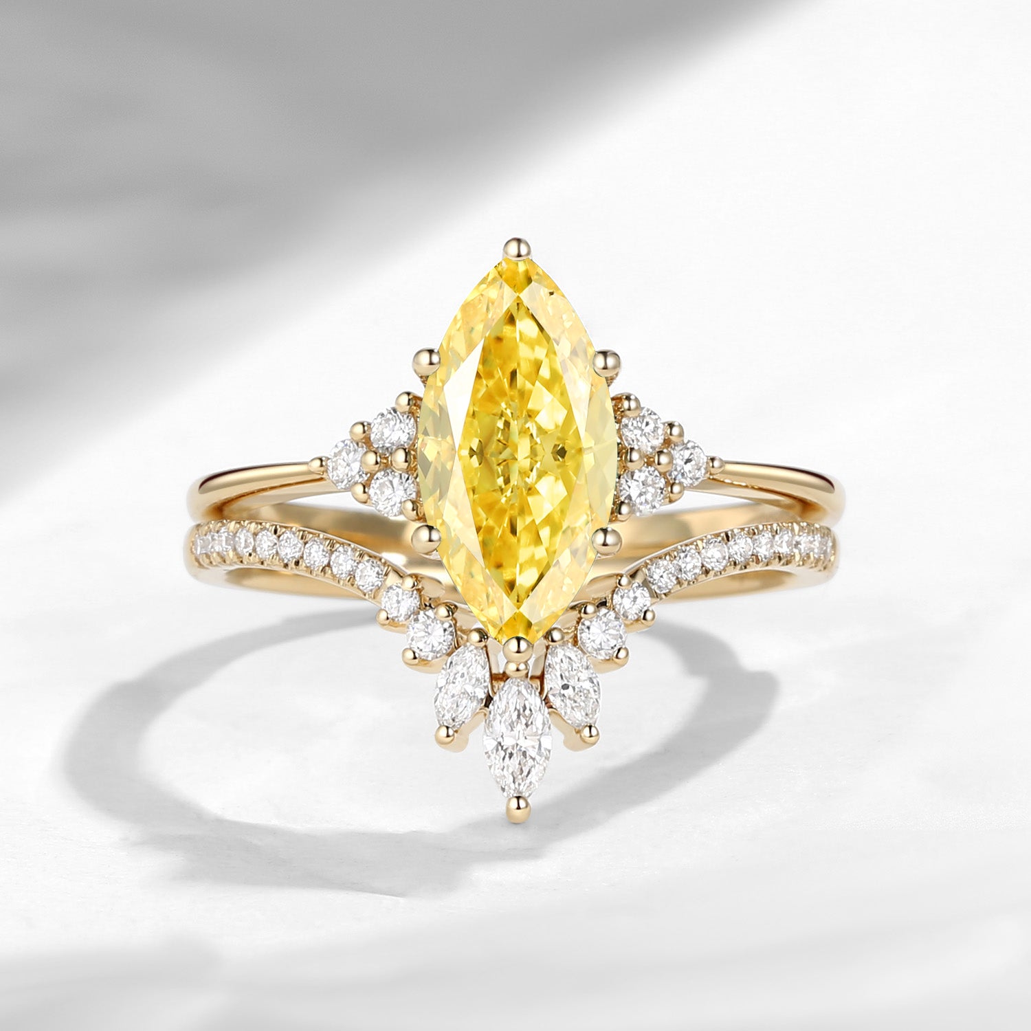 Classic Style Marquise Cut Yellow Lab Diamond Cluster Engagement Ring Set 2pcs