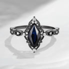 18K Unique Marquise Natural Black Sapphire Vintage Inspired Engagement Ring